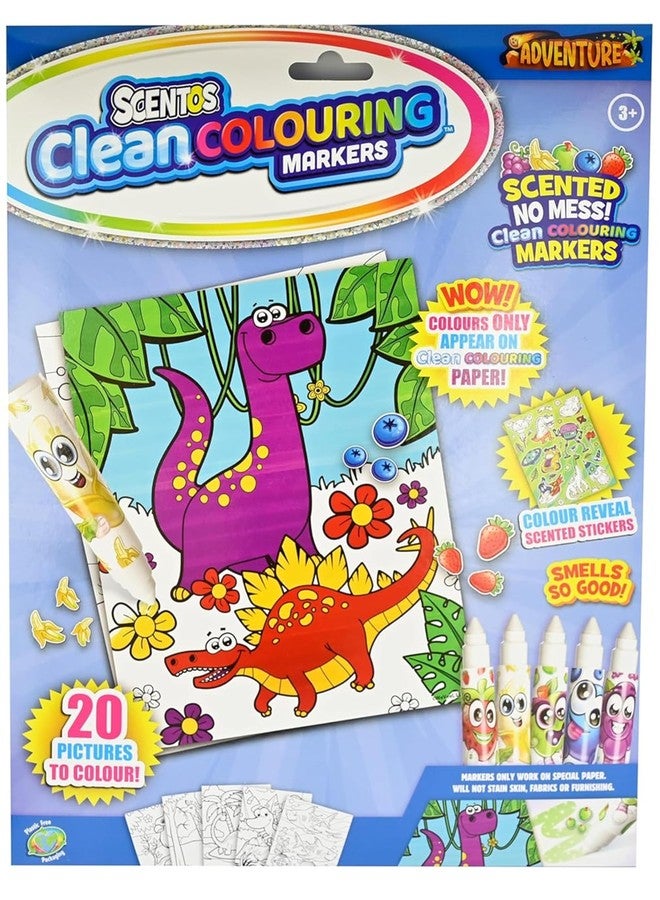 Scentos CleanColouring™ Markers Adventure Set By Fratelli | 20 pictures to color, Colour Reveal Stickers and 5 Scented Clean Colouring Markers - Image 1